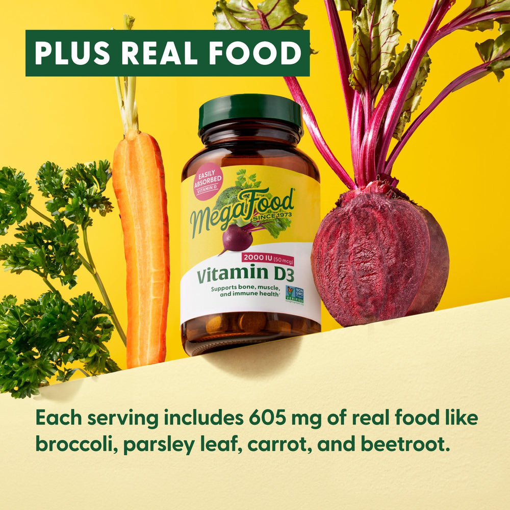 MegaFood Vitamin D3 cholecalciferol form promotes absorption for daily vitality.