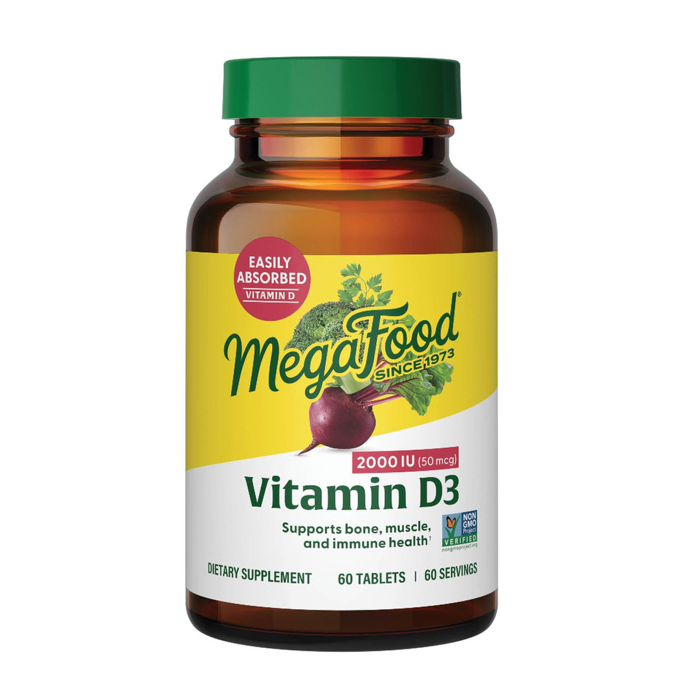 MegaFood Vitamin D3 2000 IU bottle showing daily immune and bone support.