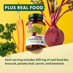 MegaFood Vitamin D3 2000 IU tablets in bottle close-up.