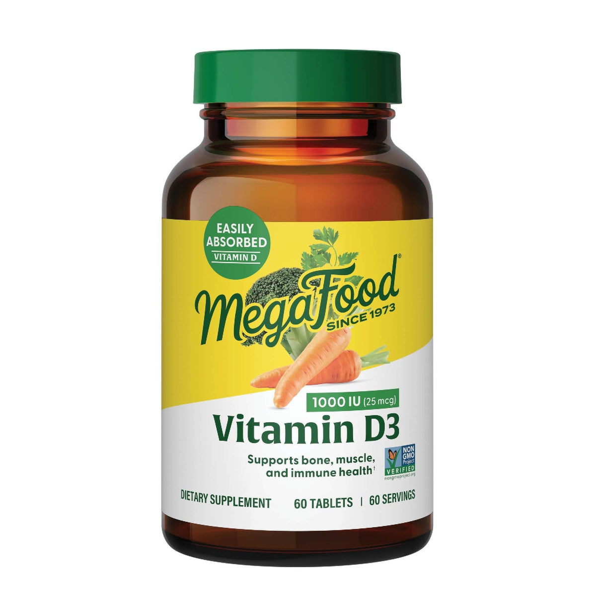MegaFood Vitamin D3 bottle front showing 1000 IU dose for daily immune and bone support.