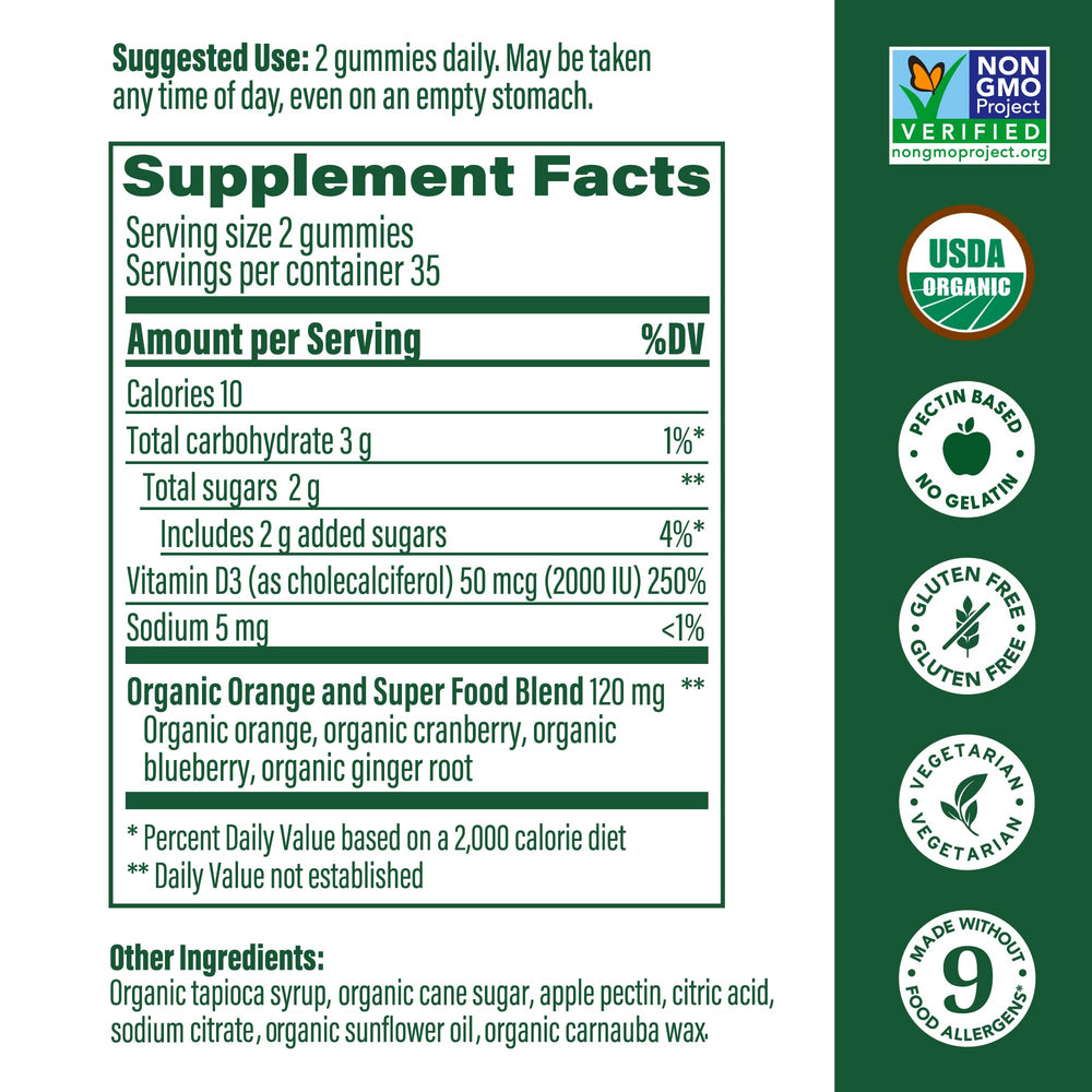 MegaFood Vitamin D3 Gummies label closeup — shows organic and vegetarian ingredients.
