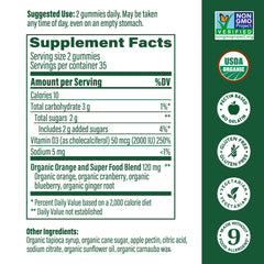 MegaFood Vitamin D3 Gummies label closeup — shows organic and vegetarian ingredients.