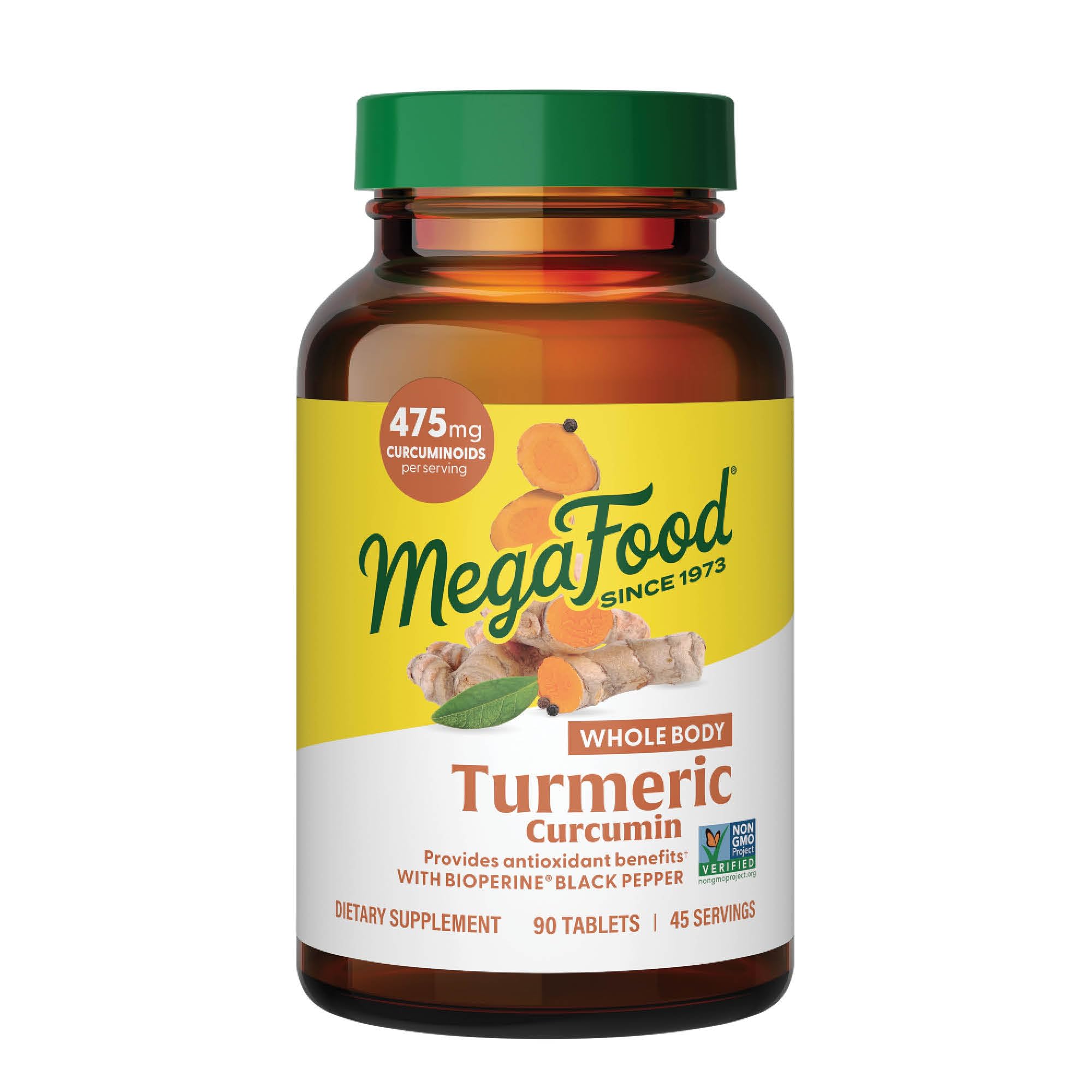 MegaFood Whole Body Turmeric bottle label shows turmeric and vitamin C for immune support