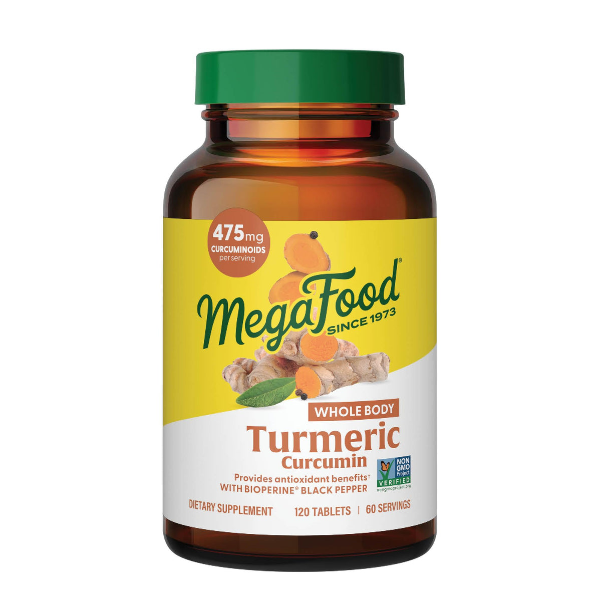 MegaFood Whole Body Turmeric bottle showing label and serving information.