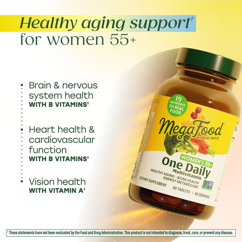 MegaFood 55+ tablets image highlighting bioavailable B12 and folate for energy support