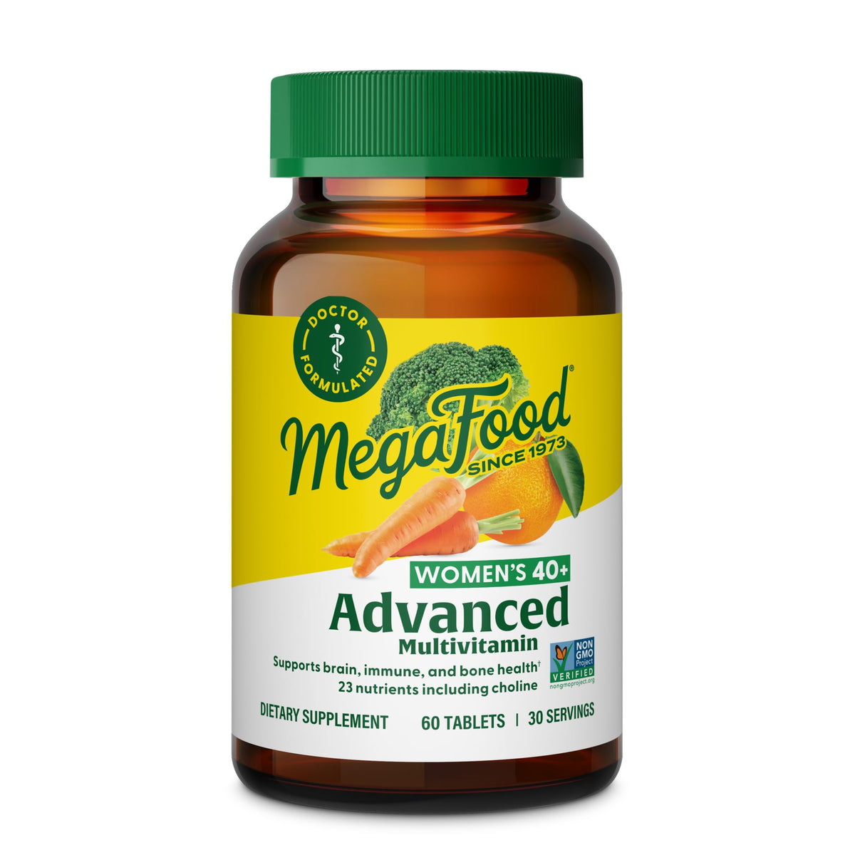 MegaFood Women’s 40+ multivitamin bottle front for daily energy support.