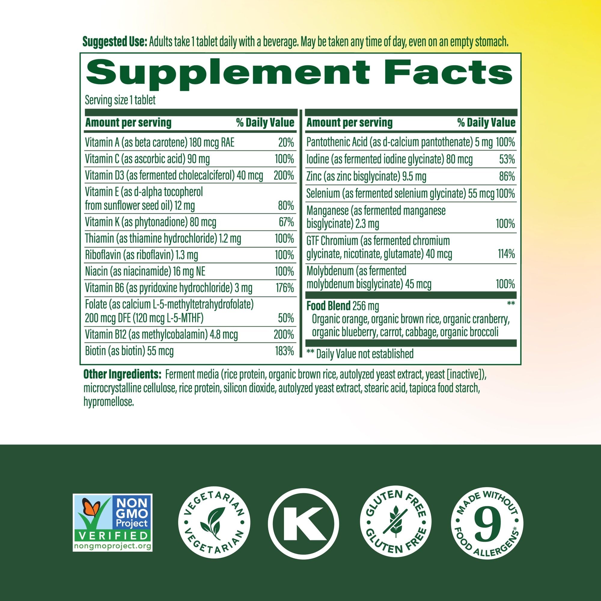 Close-up of MegaFood label highlighting real food ingredients.