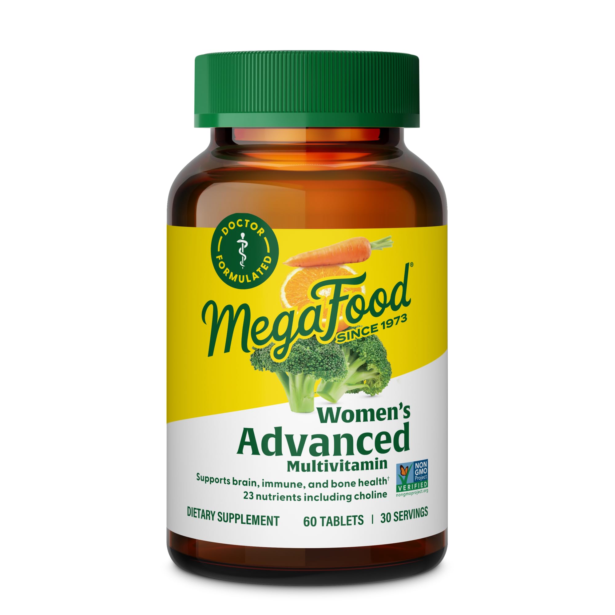 MegaFood Women's Advanced Multivitamin bottle close-up for daily wellness support.