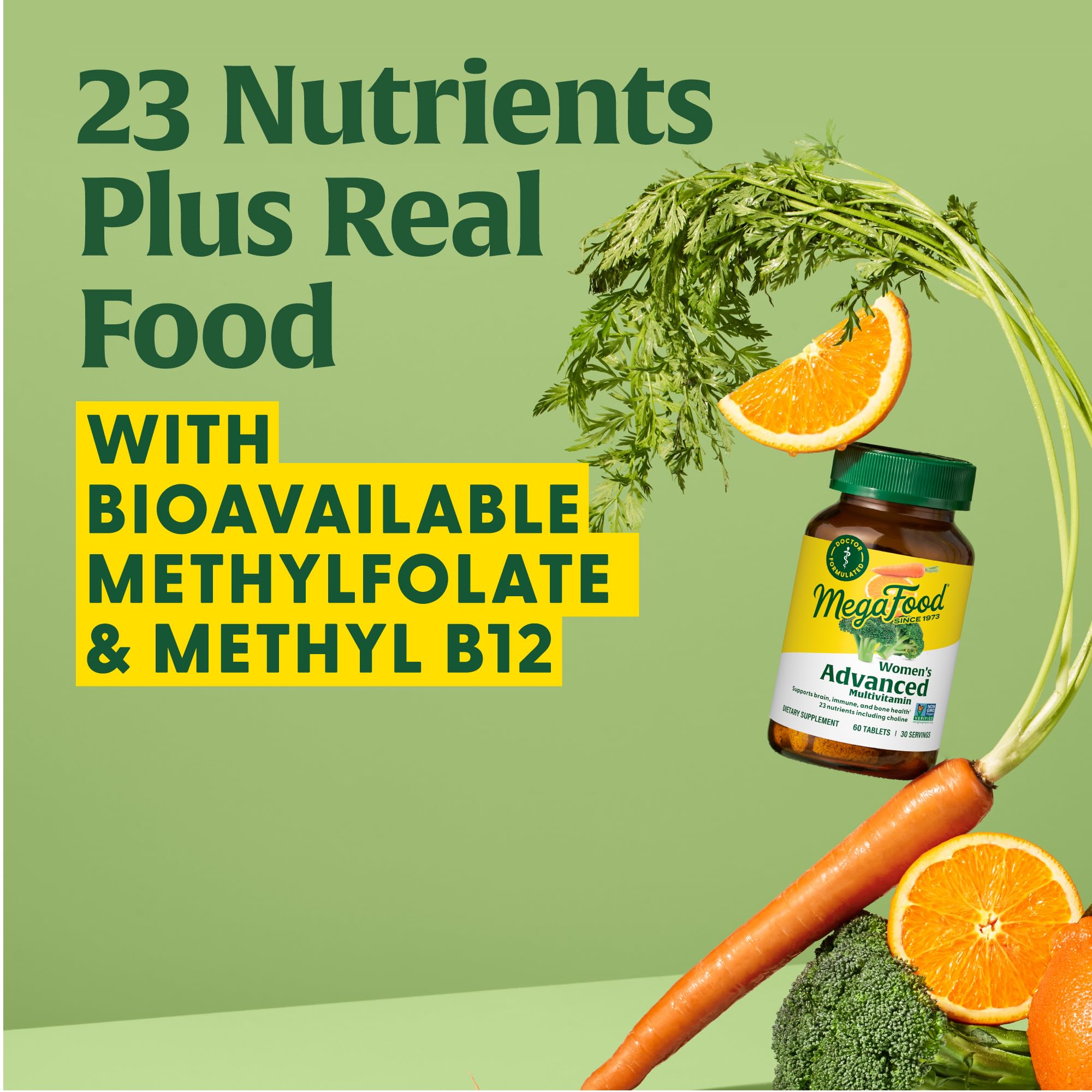 MegaFood packaging front shows non-GMO and vegetarian formulation at a glance.