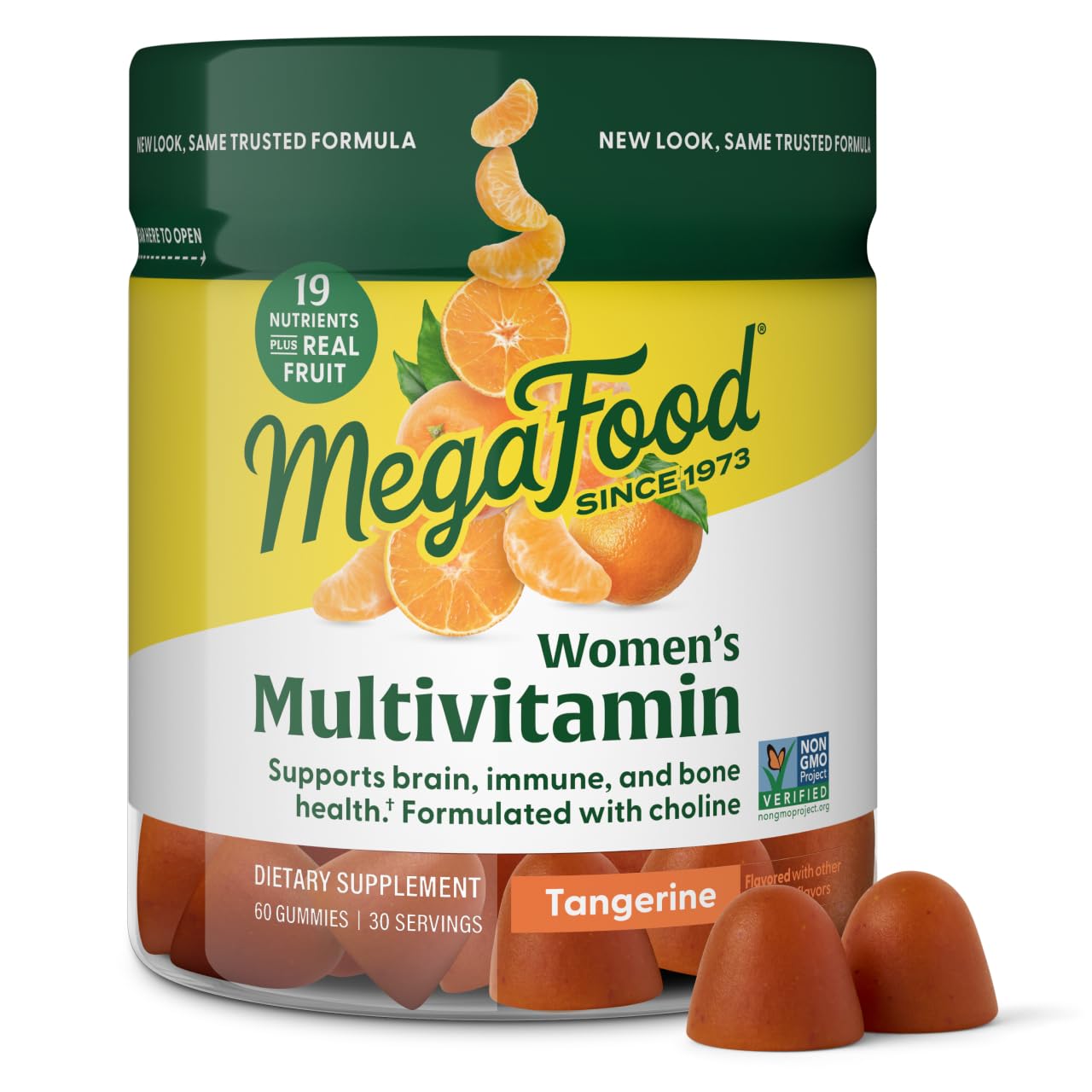 MegaFood Women's Multi Tangerine gummies in a bottle for balanced energy and immune support.