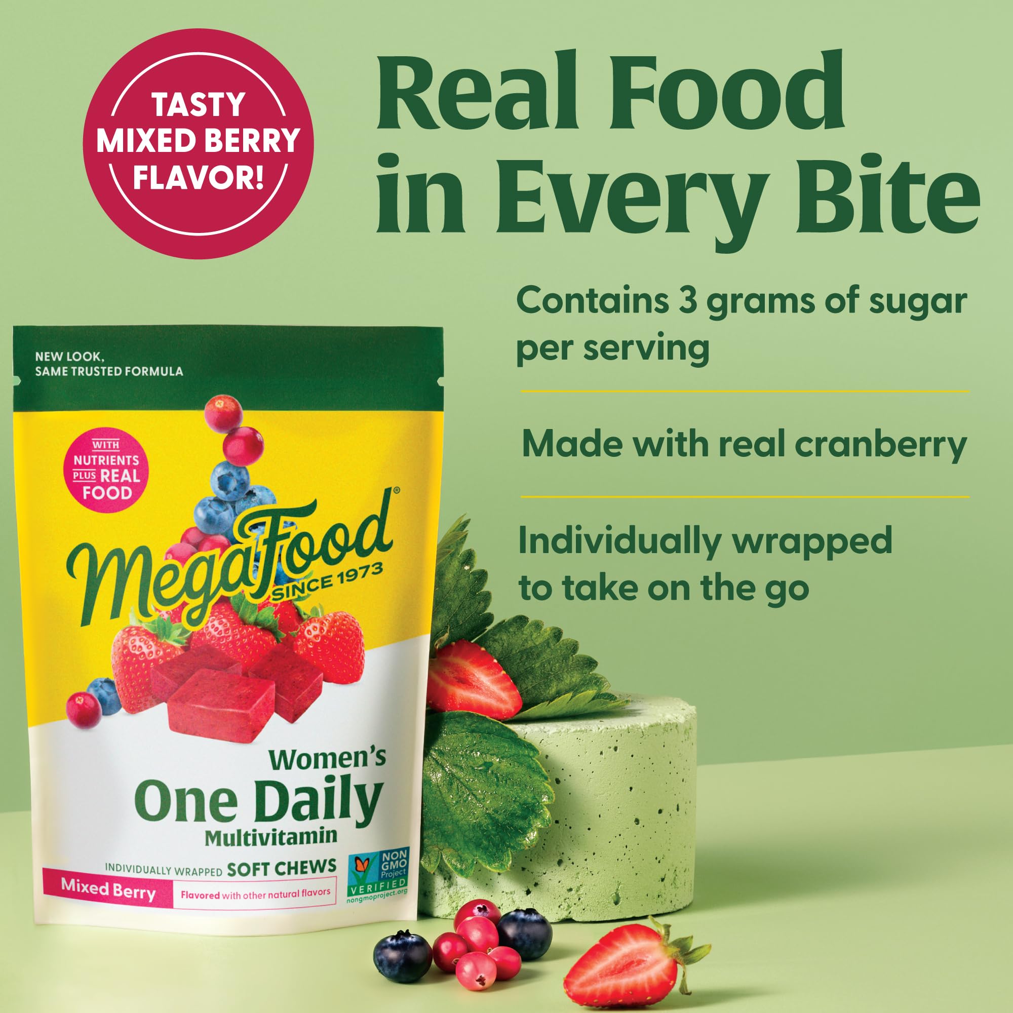 MegaFood Women's Multivitamin non-GMO badge signaling quality and clean ingredients
