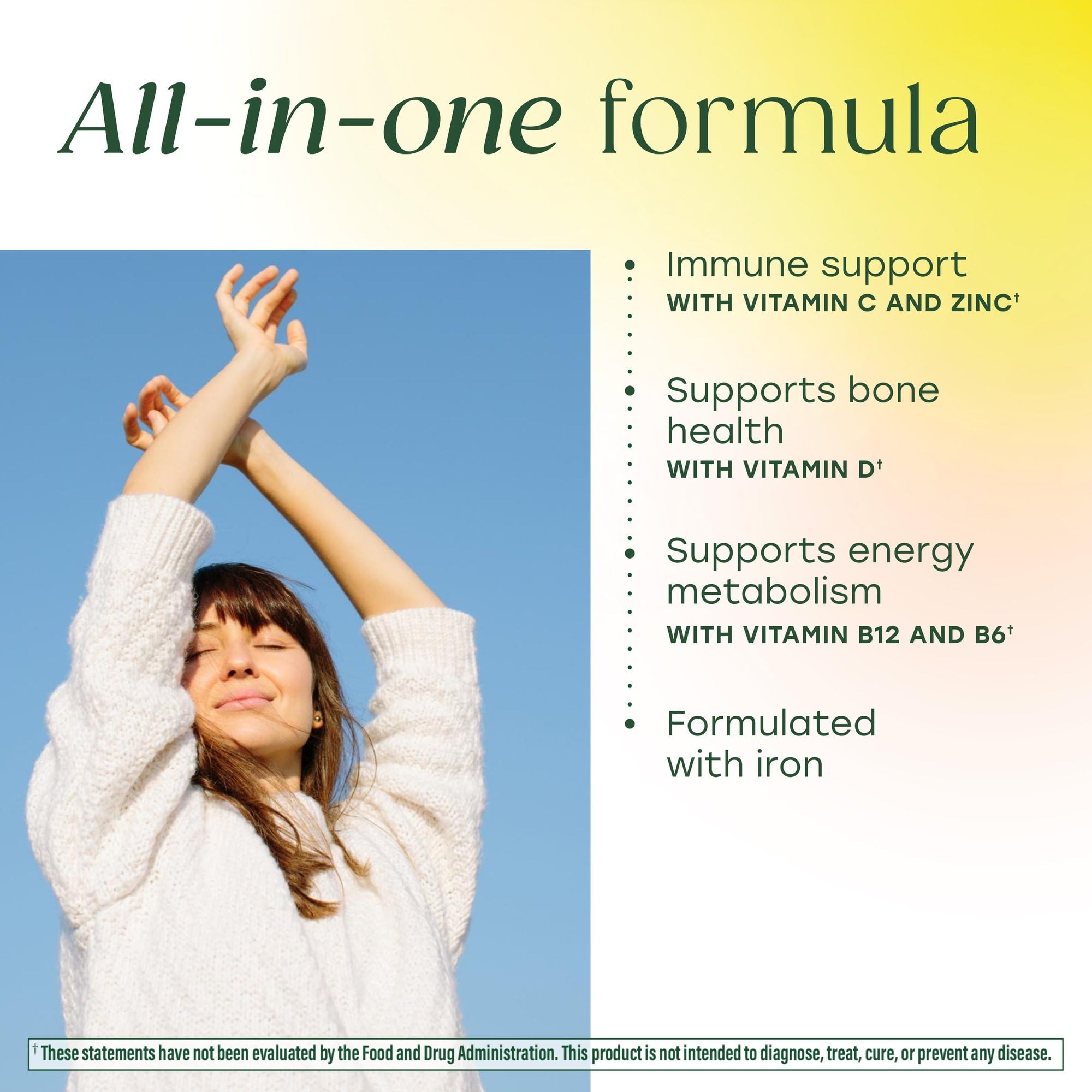 MegaFood Women's Multivitamin One Daily real-food ingredients highlight blueberry and broccoli for daily nutrition.