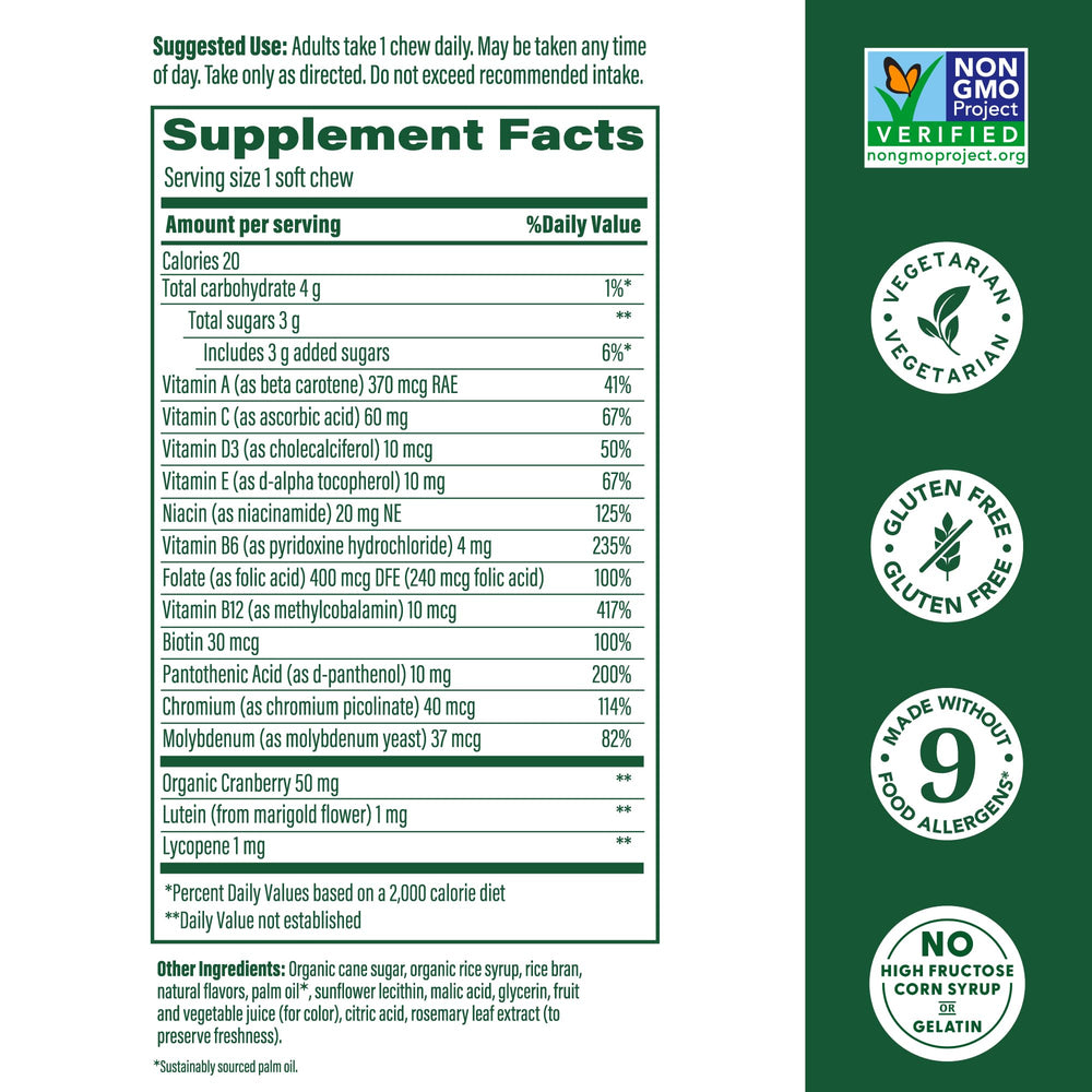 MegaFood Women’s Multivitamin Soft Chews mixed berry close-up promoting tasty daily intake