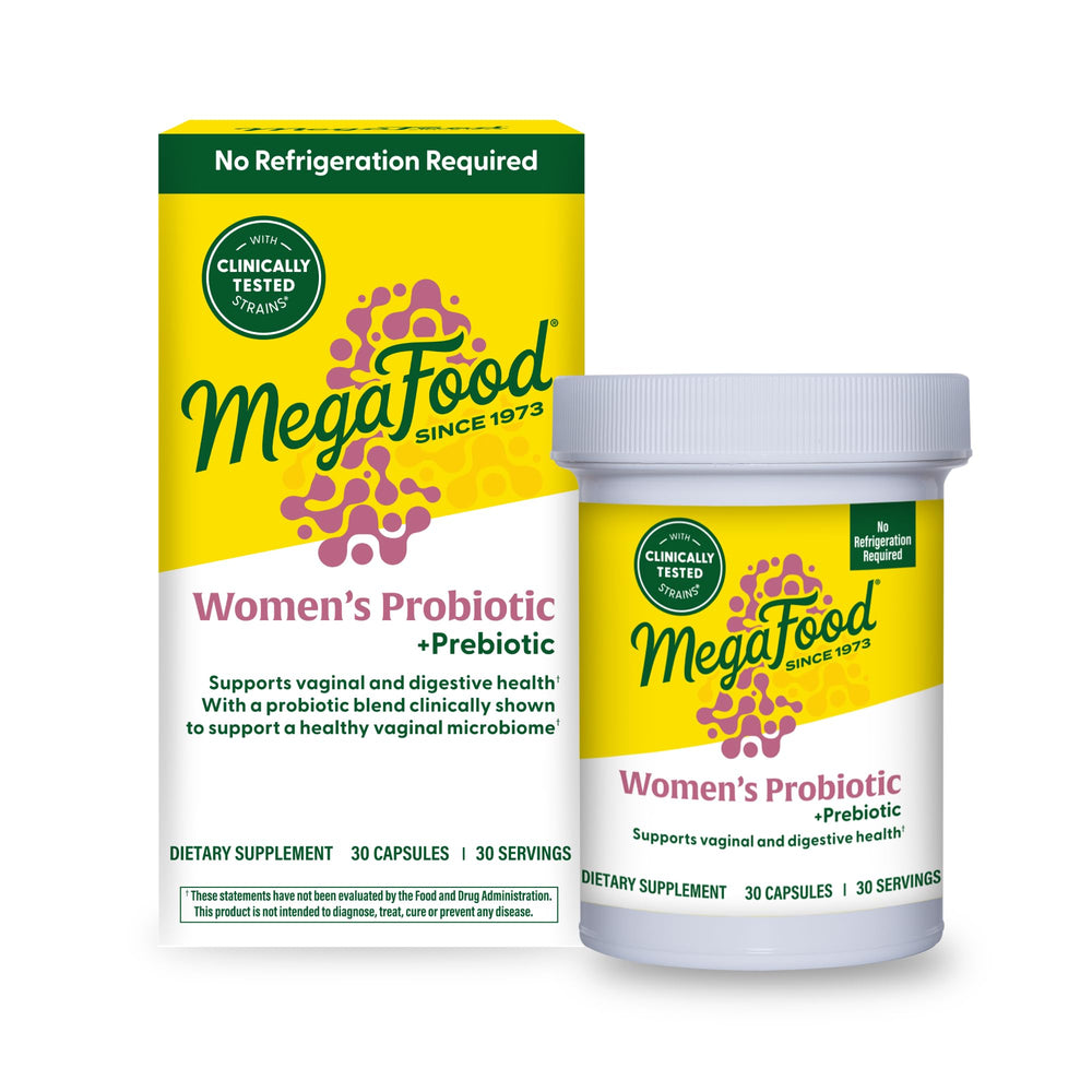 MegaFood Women's Probiotic bottle front highlights digestive support.