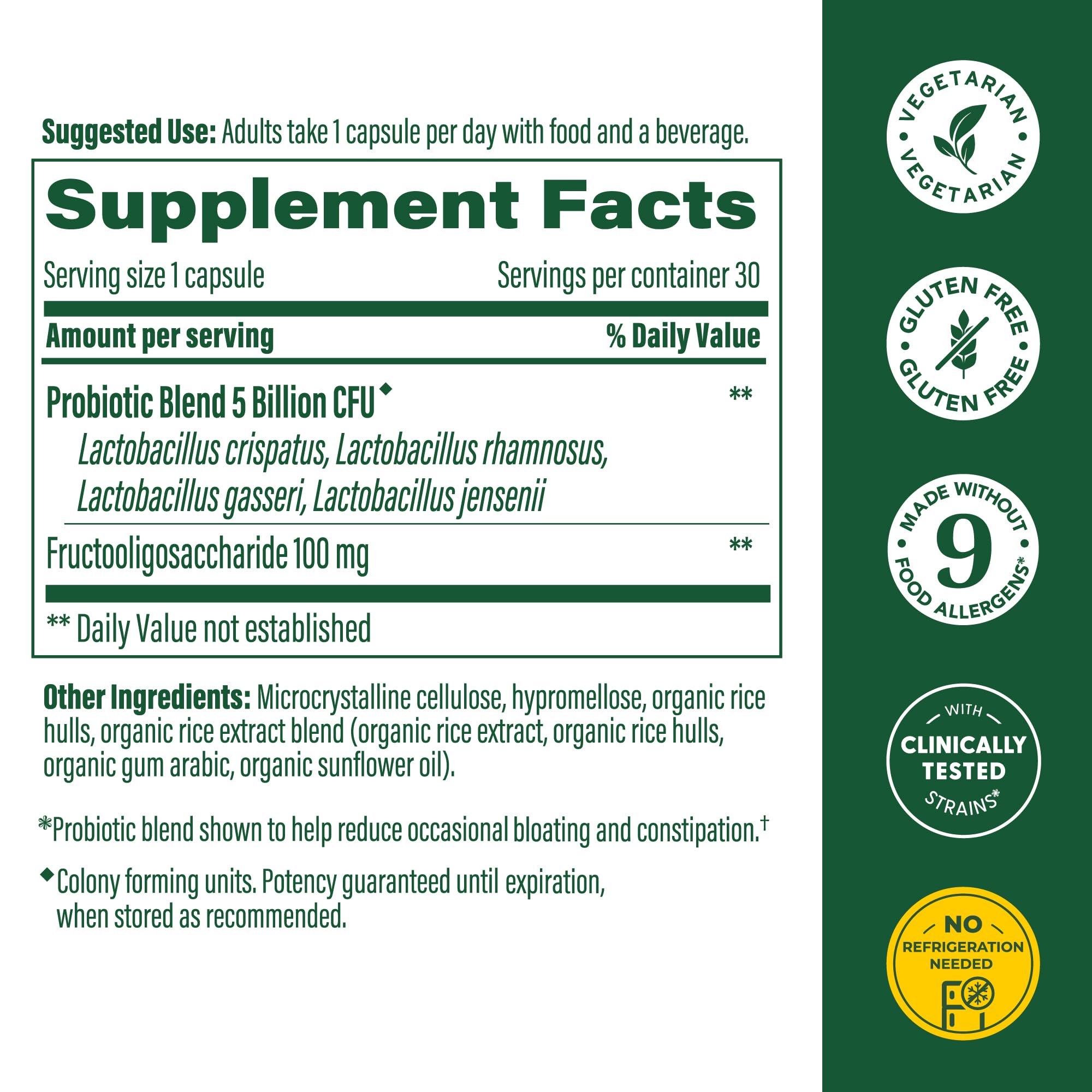 MegaFood Women's Probiotic bottle side notes gluten-free vegetarian formulation.