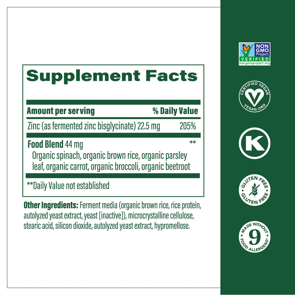Close-up of MegaFood fermented zinc tablets for daily immune support.