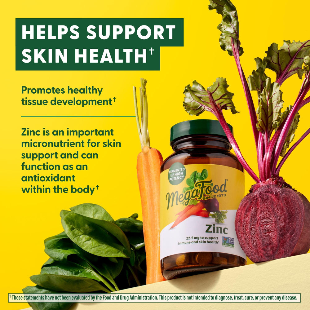 MegaFood zinc bottle labeled vegan, gluten-free, and kosher.