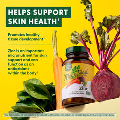 MegaFood zinc bottle labeled vegan, gluten-free, and kosher.