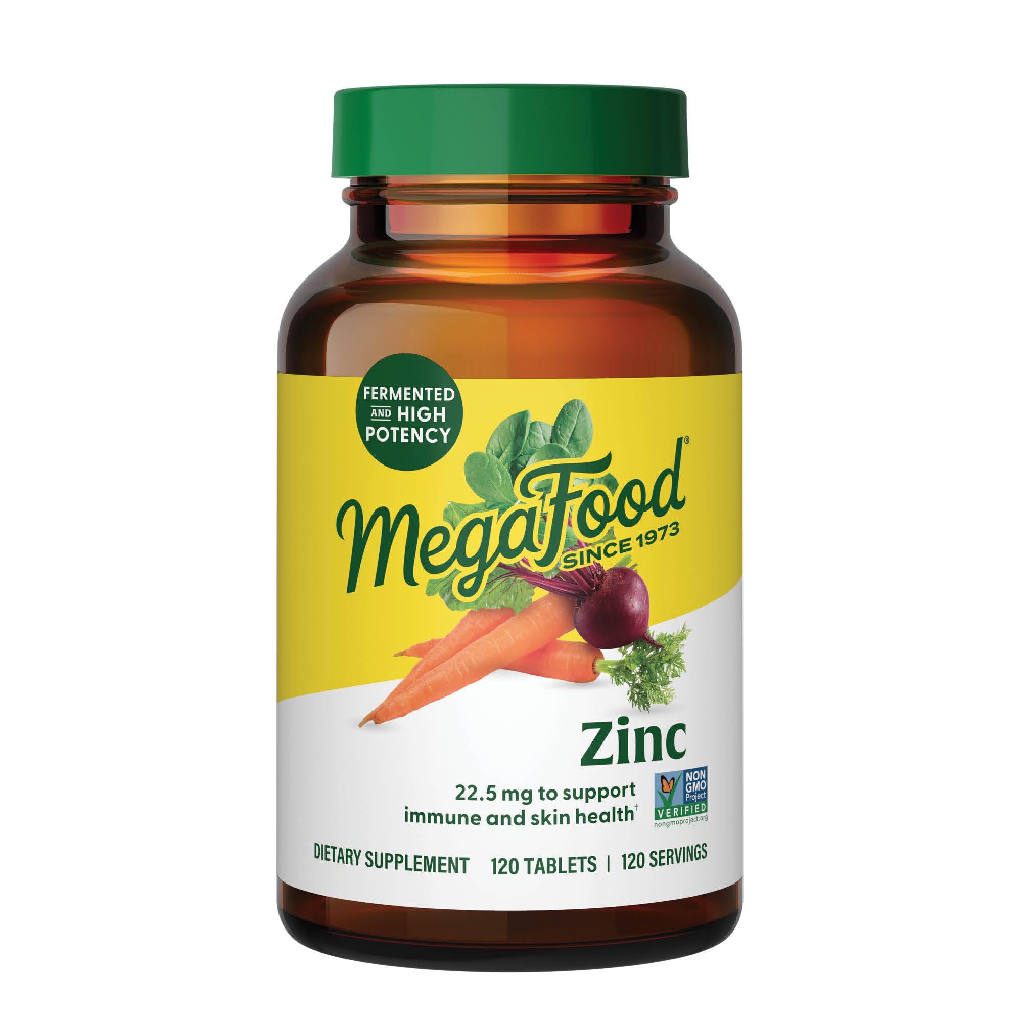 MegaFood Zinc tablets close-up showing fermented potency for immune support