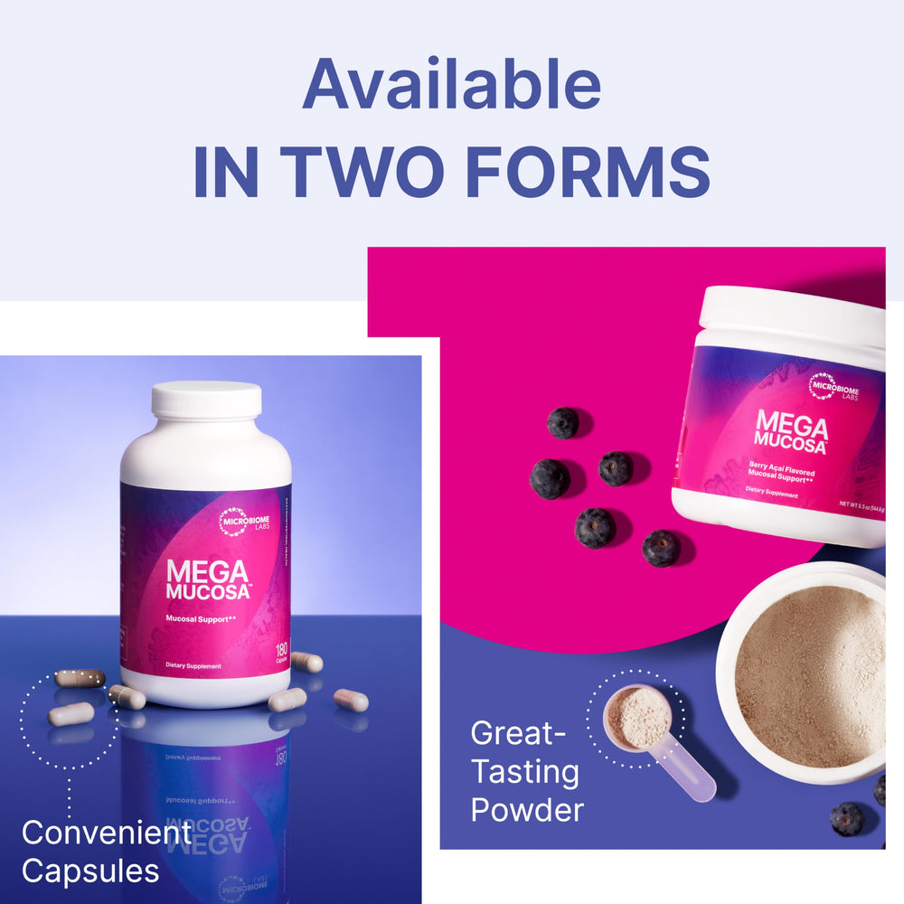 Bottle with MegaMucosa label communicates compatibility with MegaSporeBiotic and MegaPre synergy.