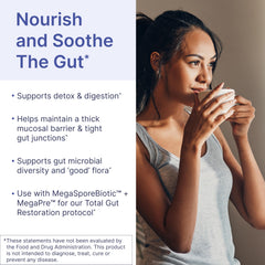 MegaMucosa dairy-free immunoglobulins illustration suggesting digestion support and intestinal barrier function.