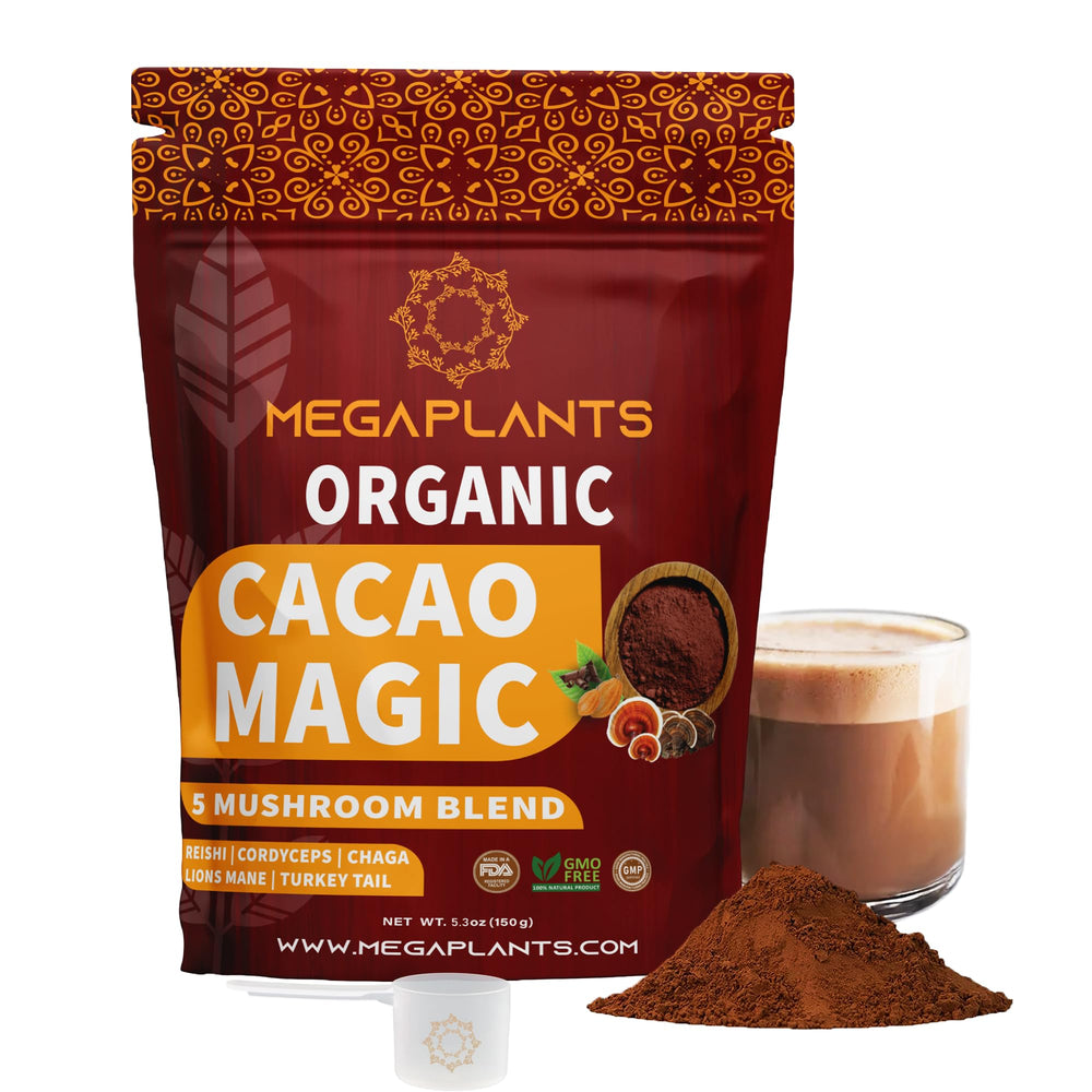 MEGAPLANTS Cacao Magic bottle pour shows convenient daily energy boost.