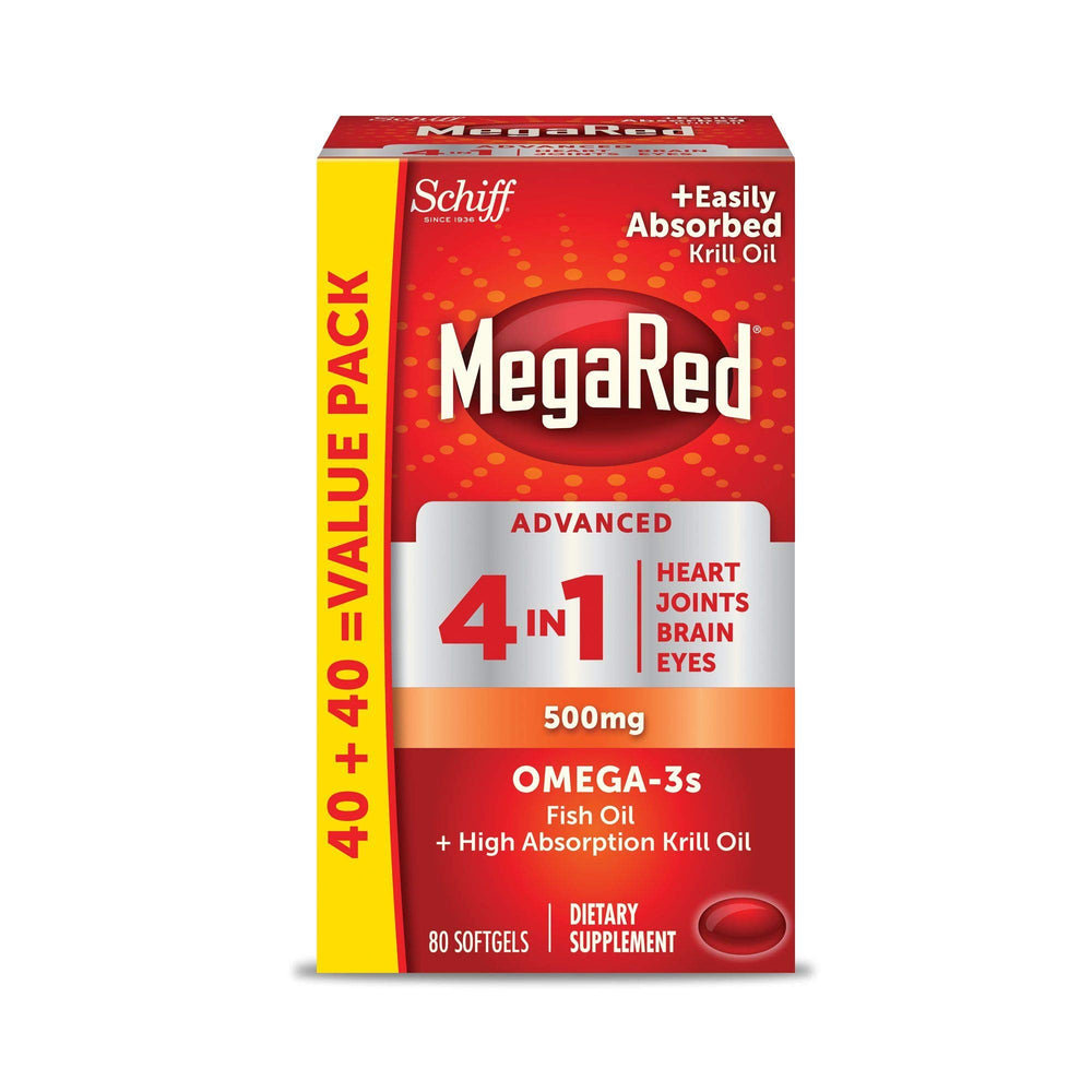 MegaRed Advanced 4-in-1 omega-3 bottle highlights concentration for heart and brain support.