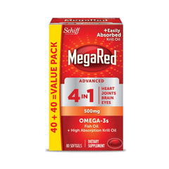 MegaRed Advanced 4-in-1 omega-3 bottle highlights concentration for heart and brain support.