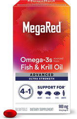 MegaRed Advanced 4in1 softgel bottle supports heart, brain, and eye health with compact omega-3 capsules.