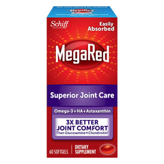 MegaRed krill oil joint care bottle with small softgels for daily support.
