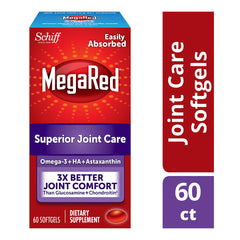 Megared krill oil softgels close-up emphasizes easy-to-swallow capsules.
