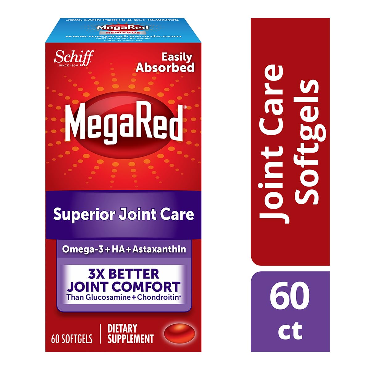 MegaRed omega-3 softgels highlighting easy absorption and minimal aftertaste.