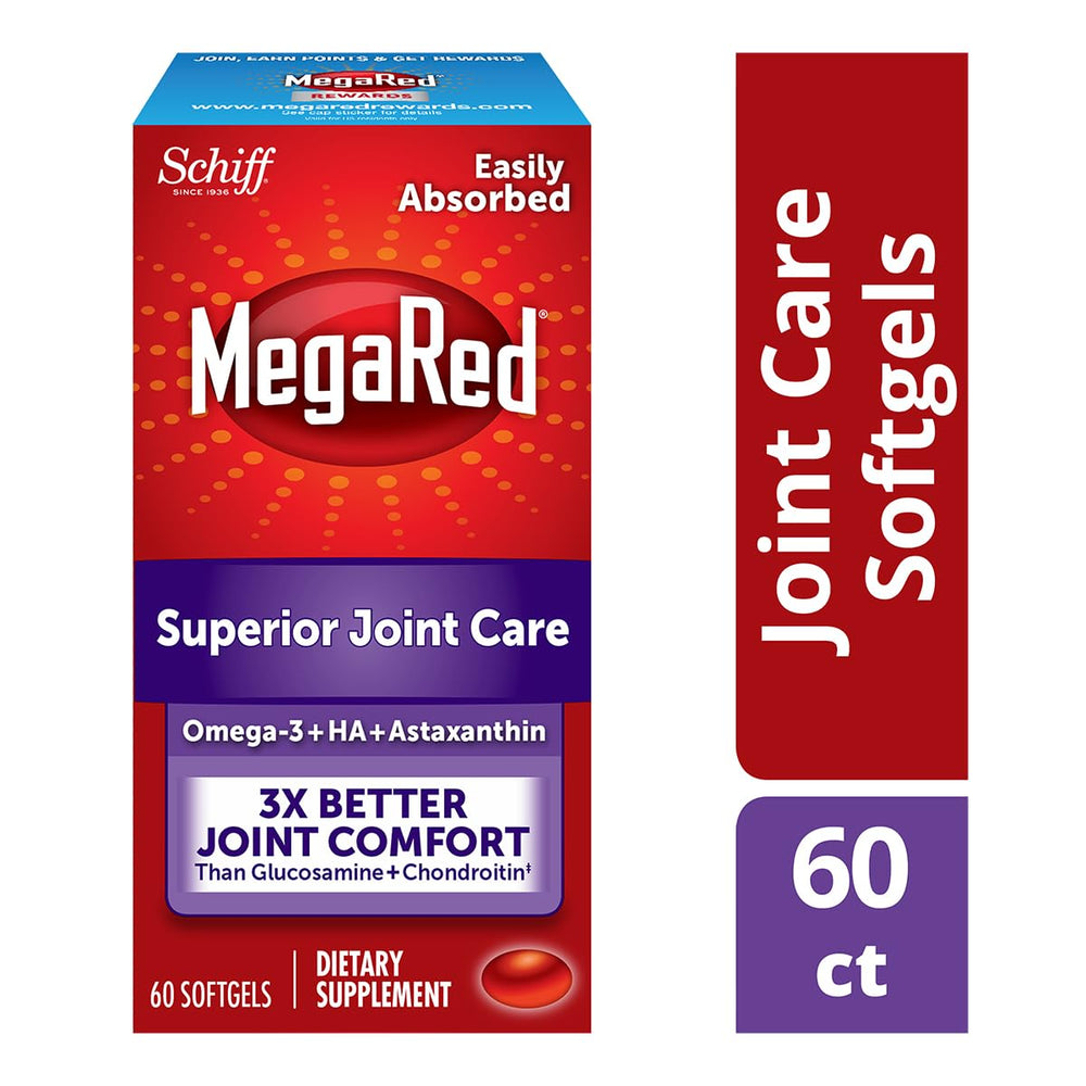 MegaRed omega-3 softgels highlighting easy absorption and minimal aftertaste.