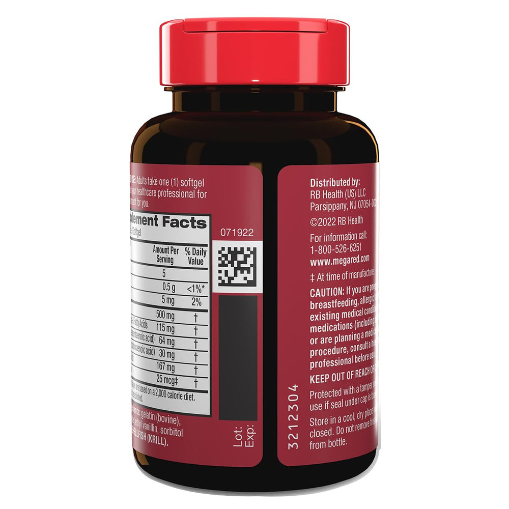 MegaRed bottle shows one daily softgel dose.