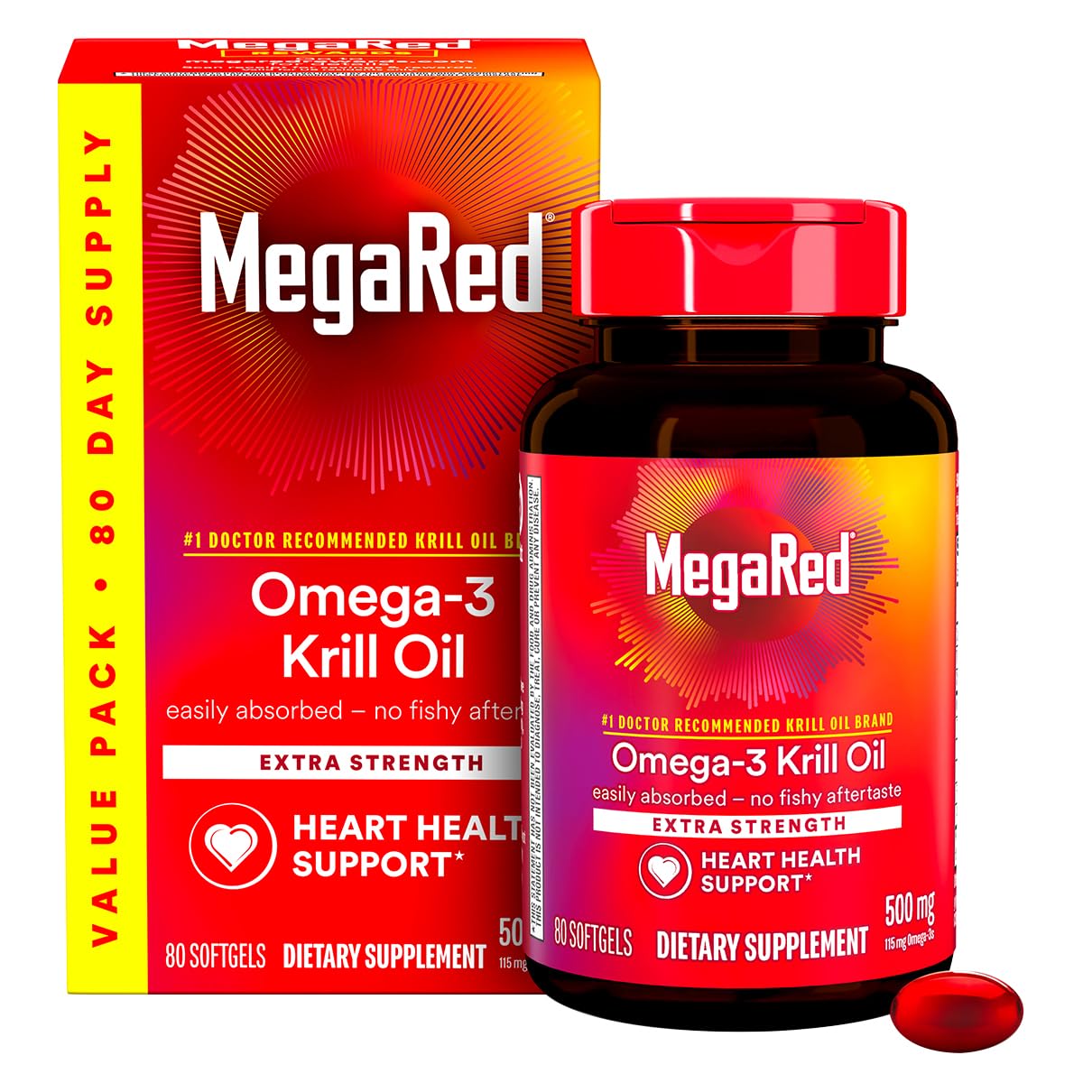 MegaRed softgels being poured for easy daily dose.