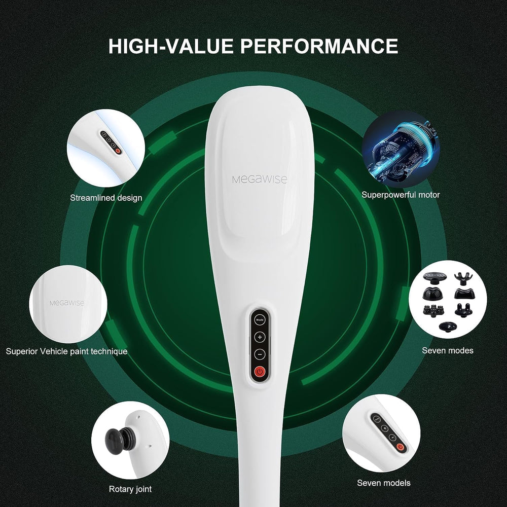 MEGAWISE cordless back massager applied to legs for muscle relaxation.