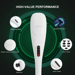 MEGAWISE cordless back massager applied to legs for muscle relaxation.
