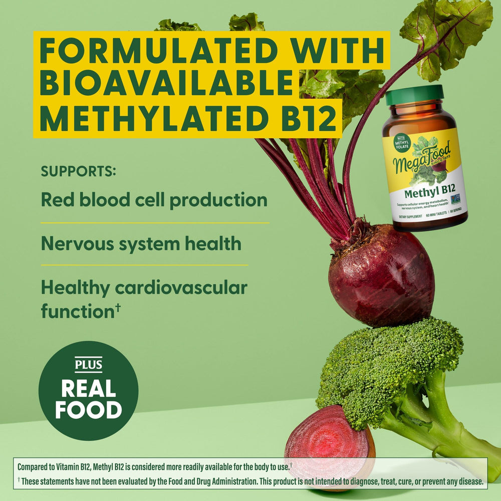 MegaFood Methyl B12 packaging on kitchen counter evokes daily routine.