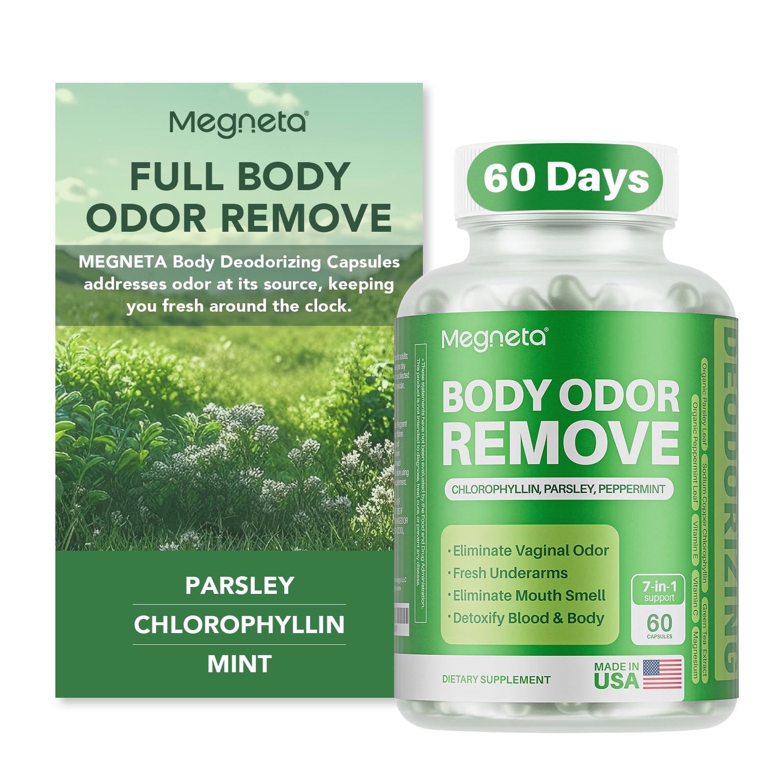 MEGNETA Body Deodorizing Supplement bottle front showing branding for internal odor control.