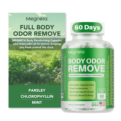 MEGNETA Body Deodorizing Supplement bottle front showing branding for internal odor control.