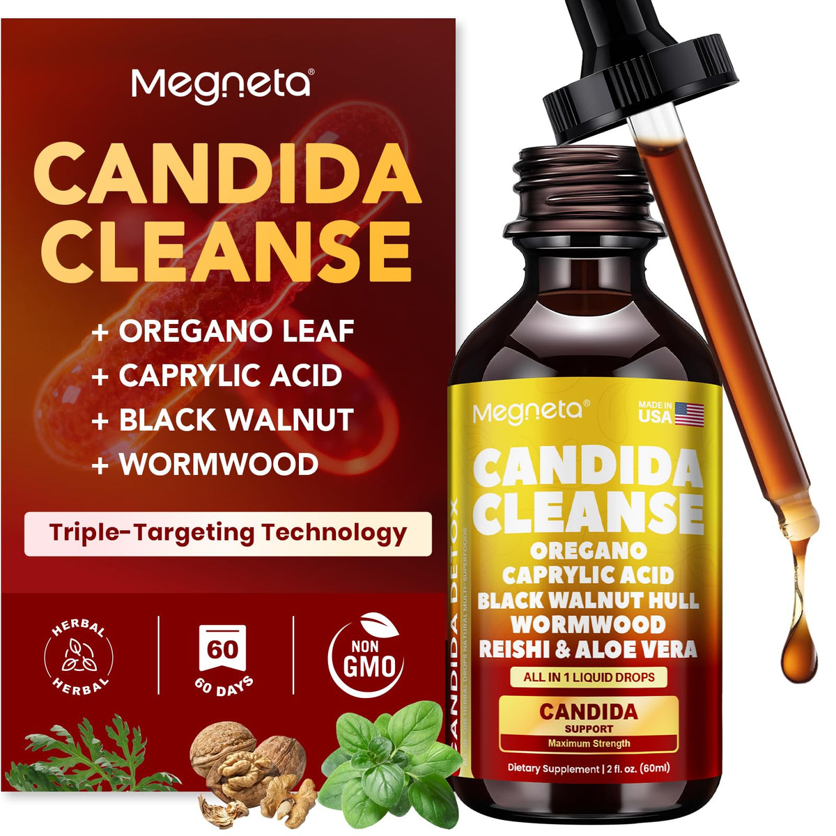 MEGNETA Candida Cleanse bottle with triple-targeting formula supports digestive balance.