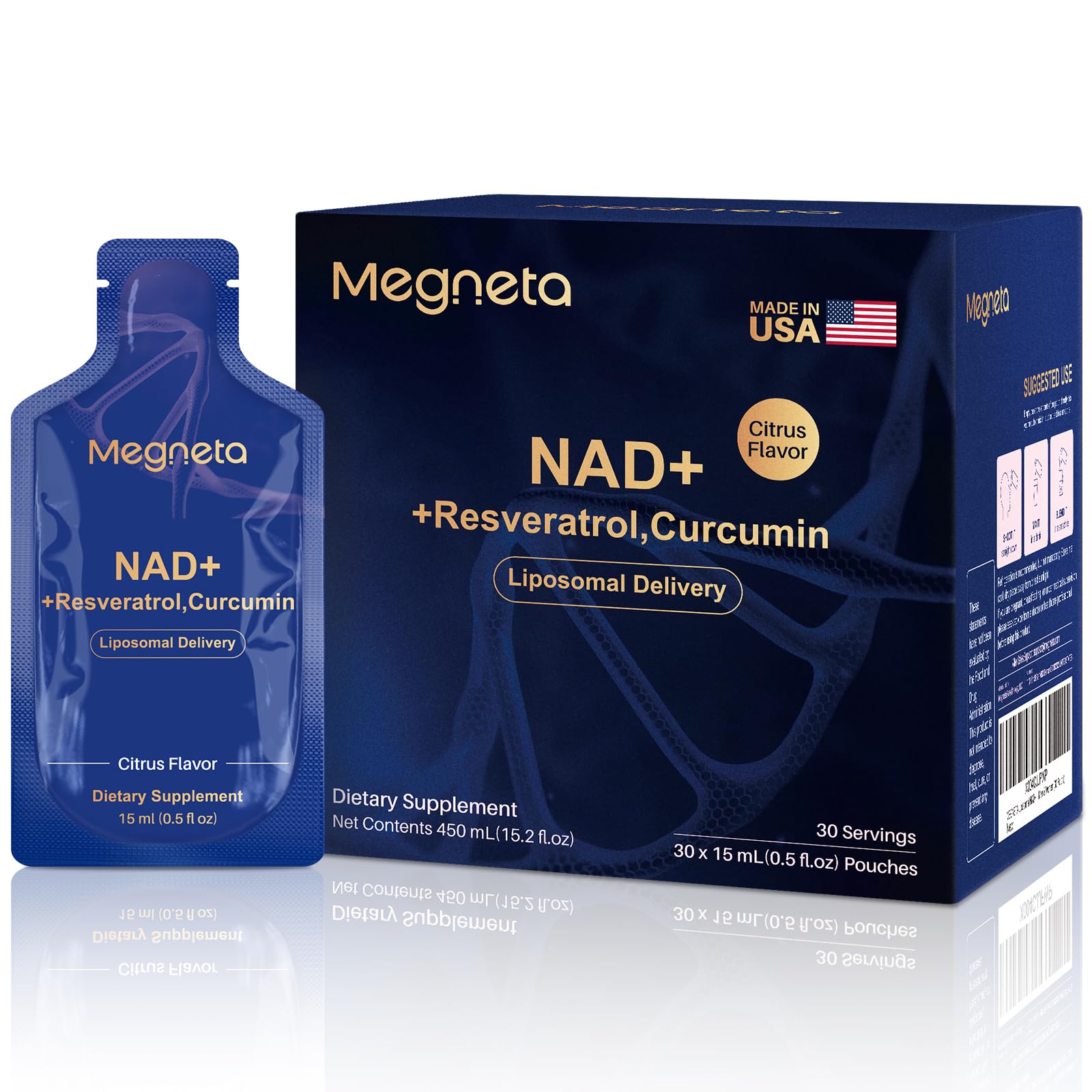 MEGNETA Liposomal NAD+ bottle close-up highlighting advanced formula for better absorption.