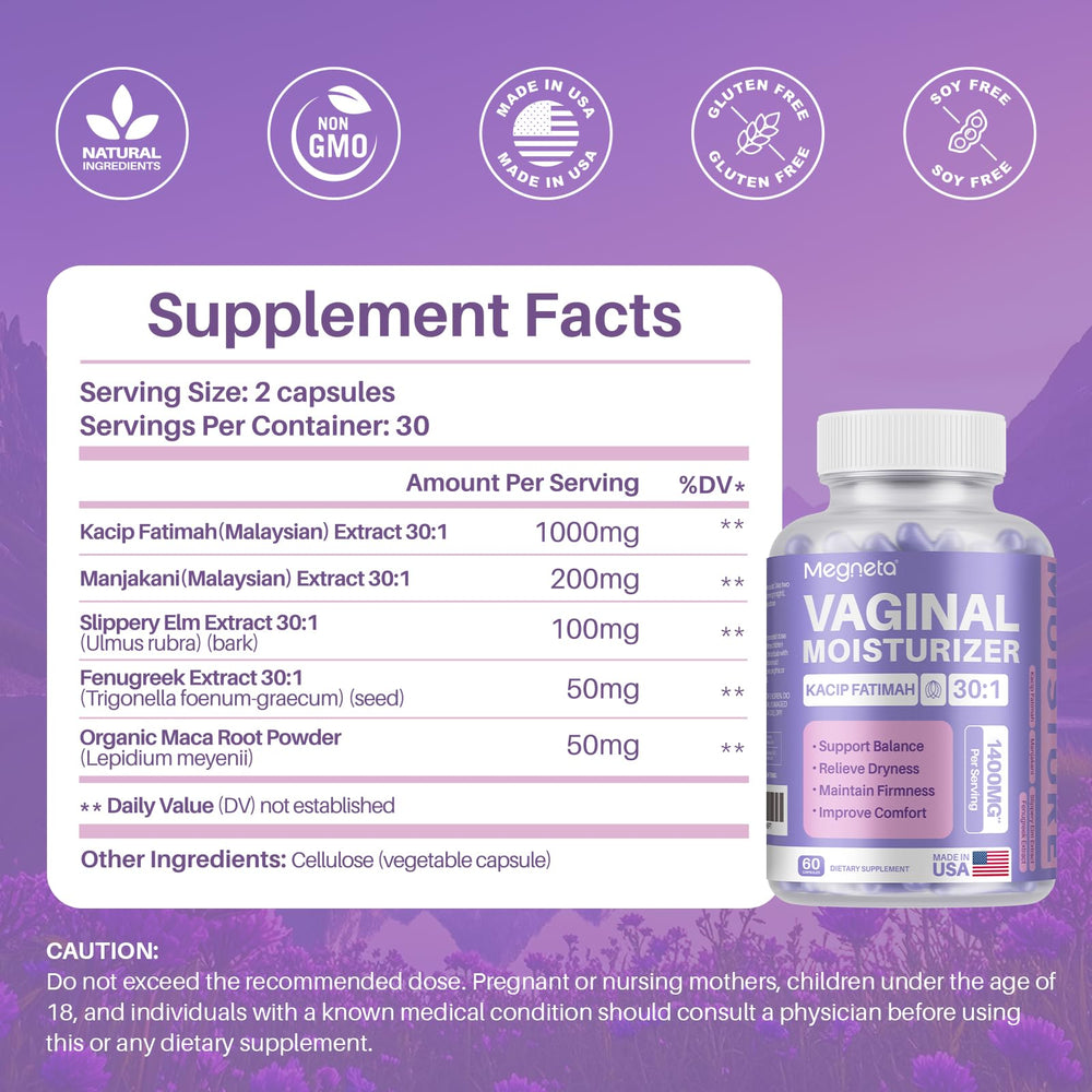 MEGNETA slippery elm capsule image suggests hydrating properties.