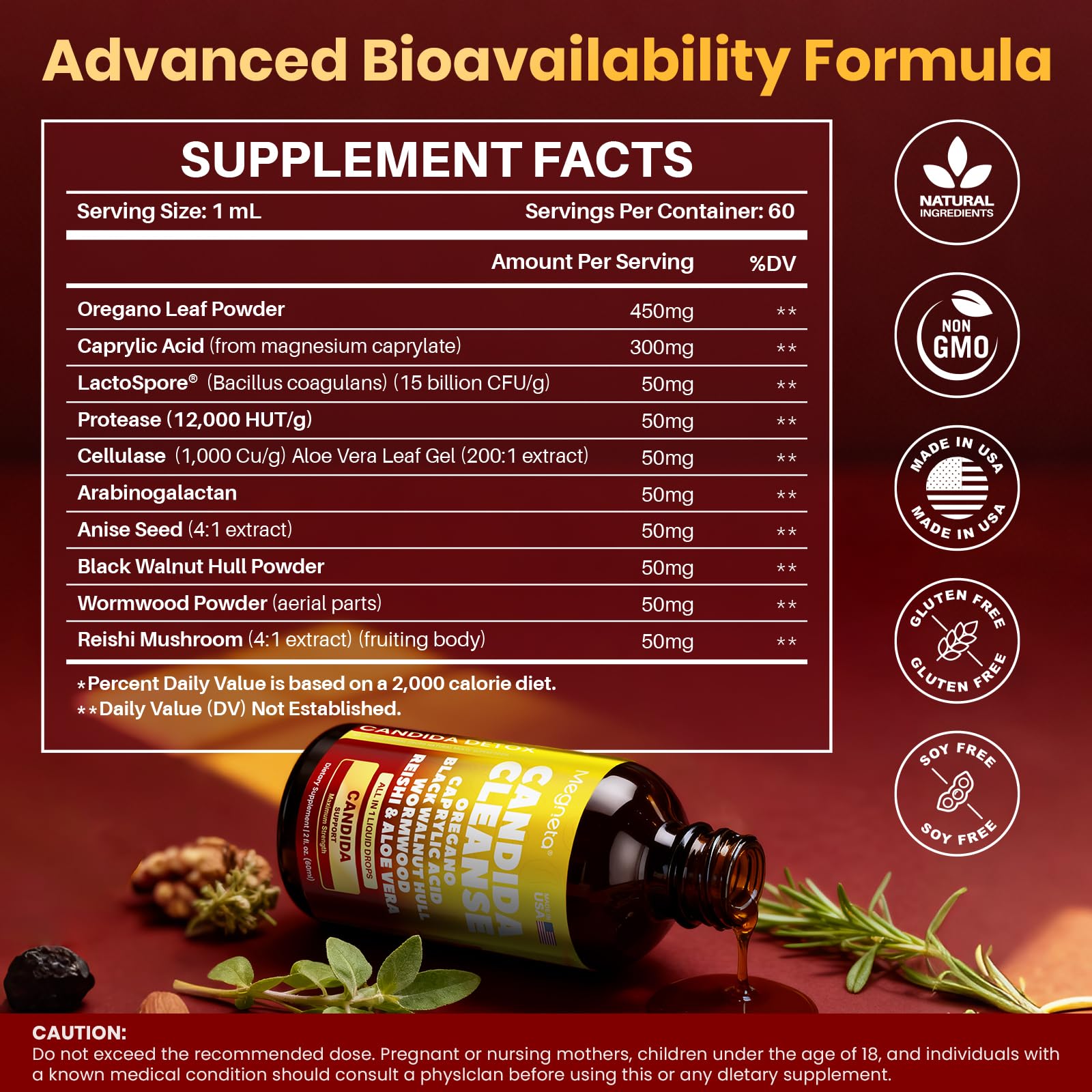 MEGNETA vegan non-GMO formula badge on packaging.