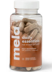 Mela Daily Essentials bottle front with capsules; high-dose D3 supports immune vitality.