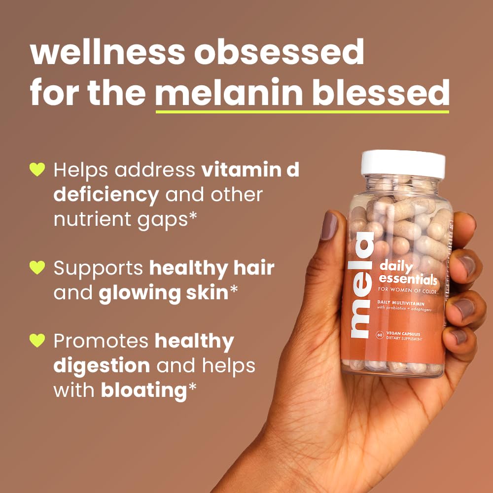 Mela Daily Essentials probiotic blend visualization; supports gut balance and skin health.