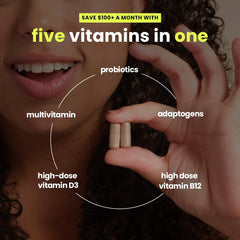 Mela Daily Essentials bottle label highlights high-dose D3, potential immune and mood support.