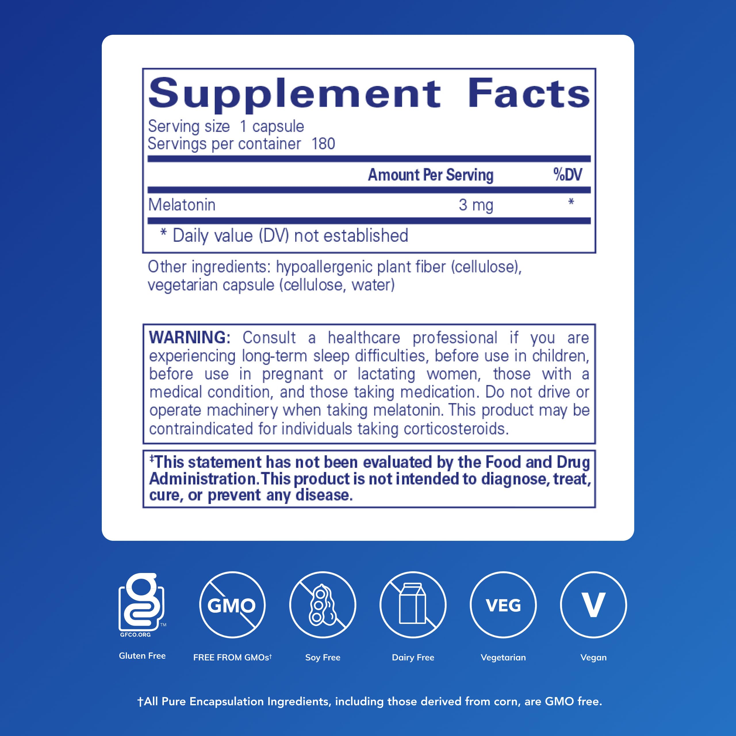 Melatonin 3 mg capsules close-up showing premium, allergen-free formula.