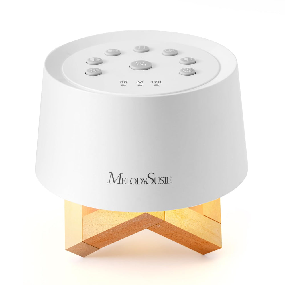 MelodySusie white noise machine with wooden stand enhances sound quality.