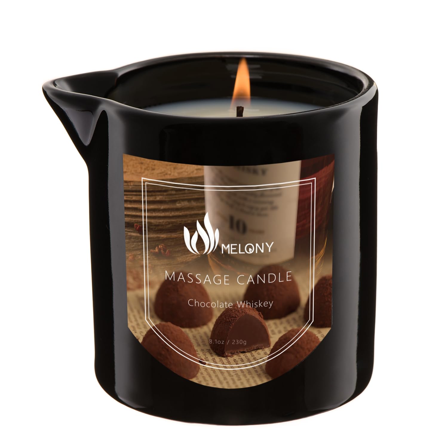 MELONY Massage Oil Candle Chocolate Whiskey lit for a warm, relaxing ambiance